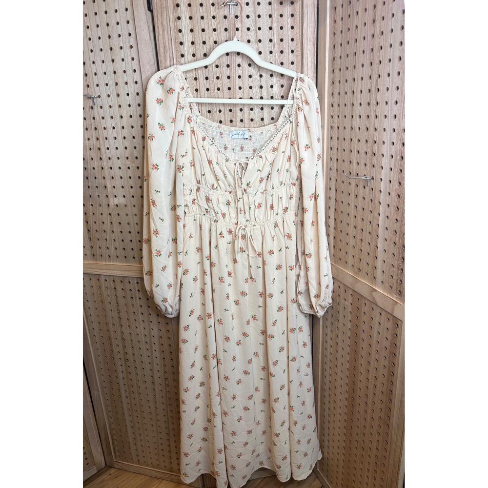 Petal + Pup Rosebud Floral Midi Dress Cream Pink Cottagecore Smocked Back NWT M